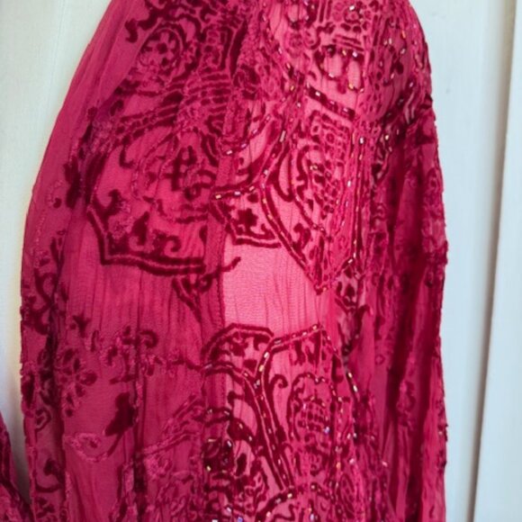 VINTAGE ROSE Stevie Nicks style Sheer Red Burnout Velvet Beaded KimonoCoat - Picture 5 of 9